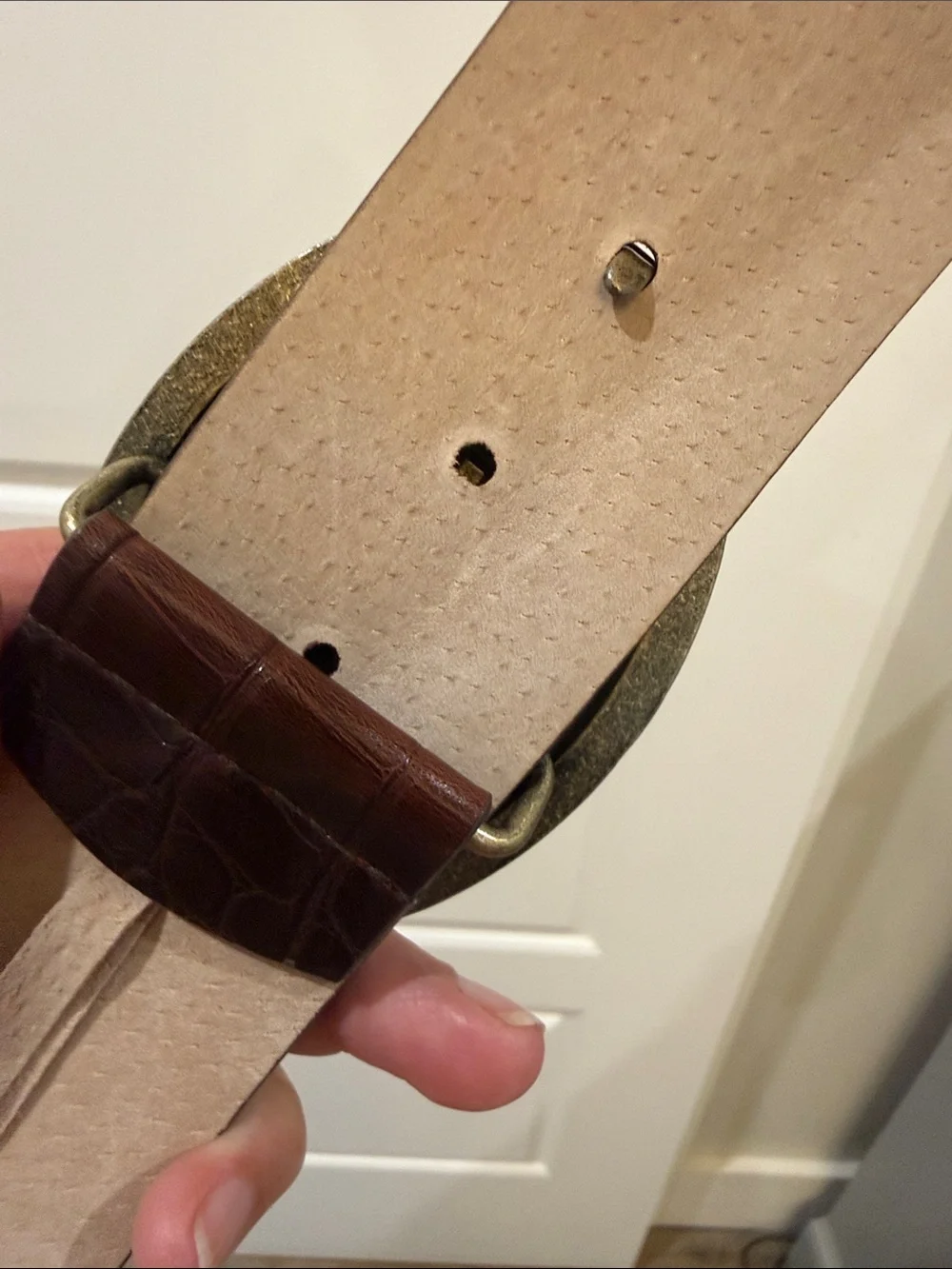 Dark Brown Croc-Pattern Leather Belt with Amber Cabochon Oval Stone Buckle